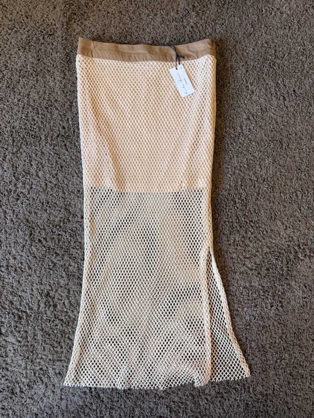 Beige Mesh Midi Skirt with Elastic Waistband